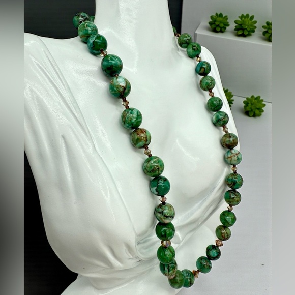 African Turquoise Jasper & Crystal Beaded Necklace w/ Silver Toggle Clasp 20” - Picture 7 of 17
